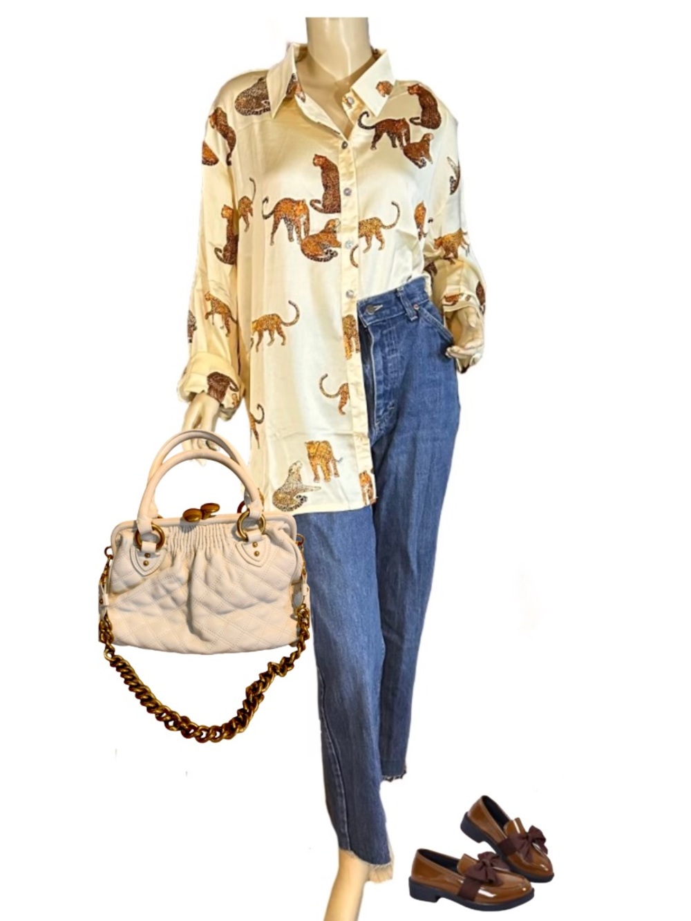 SHE & SKY BUTTERMILK CREAM CHEETAH PRINT SATIN BLOUSE NWT (1X)